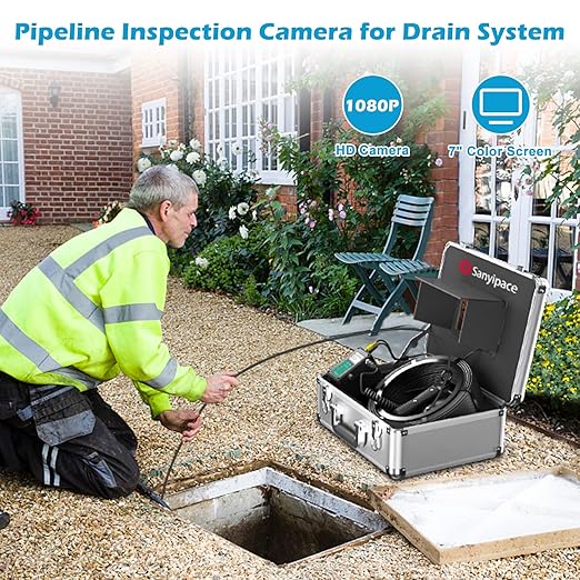 Sanyipace Sewer Scope Camera, 1080P FHD, 165FT/50M, 5X Zoom in, Remote Control, Sapphire Lens, Battery Level Display, Drain Inspection Camer with 12 Adjustable LED Lights, 7'' LCD Screen,16GB TF Card
