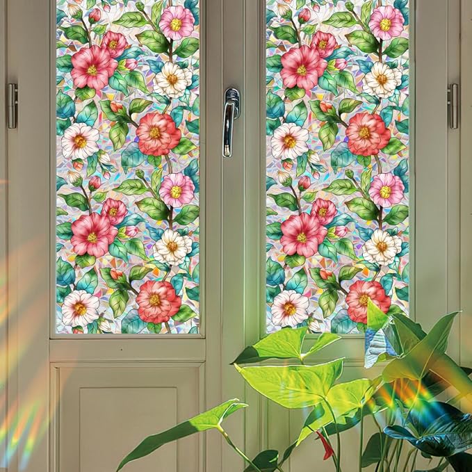 Camellia Window Film Decorative Privacy, Static Cling Stained Glass Film - Image 7