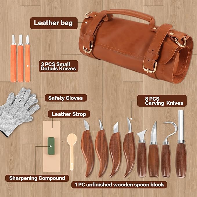Wood Carving Kit, Deluxe Wood Carving Tools with Large Leather Case, 8Pcs Whittling Knives, 3 Detail Carving Knives, Whittling Kit for Beginners DIY