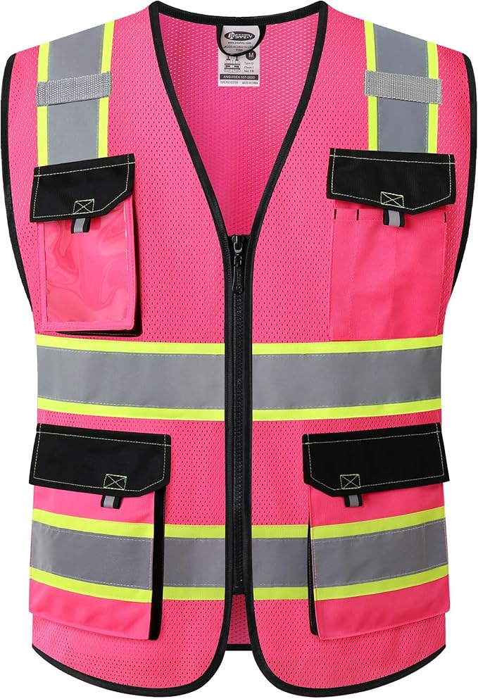 JKSafety Hi Vis Reflective Safety Vests for Men Women High Visibility Vest with Pockets Mesh Fabric Construction Safety Apparel Neon Vest for Work (220-Pink XL)
