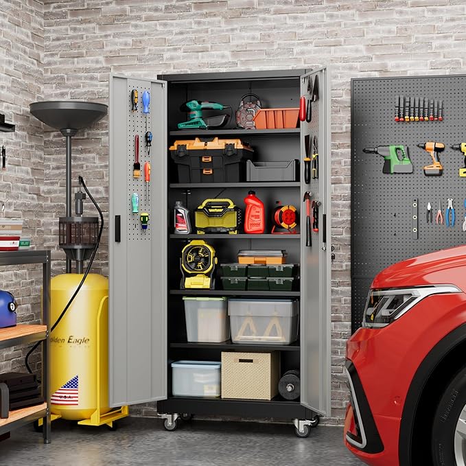 71" Metal Storage Cabinet with Wheels and Pegboard, Lockable Rolling Steel Storage Cabinet with 5 Adjustable Shelves and Door for Garage, Office, Kitchen, Assembly Required,Black and Grey