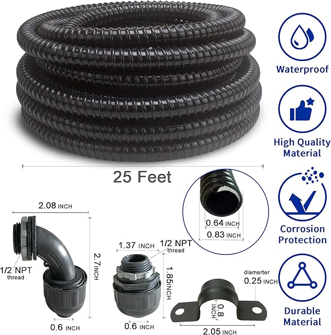 (1/2" Dia * 25 Feet) Yariwiz Black Special Extra Flexible Electrical Conduit Liquid Tight PVC Conduit Kit with 3 PCS Coupling, 3 PCS Elbow and 7 PCS Strap, Sealtight Seal Flex Liquidtight Wire