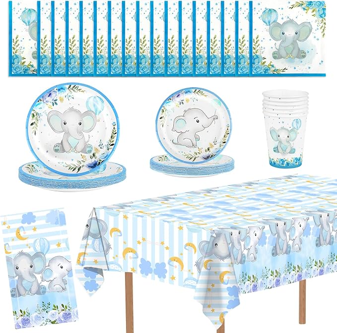 81 PCS Elephant Party Tableware Supplies, Disposable Blue Plates Cups Napkins by Unknown
