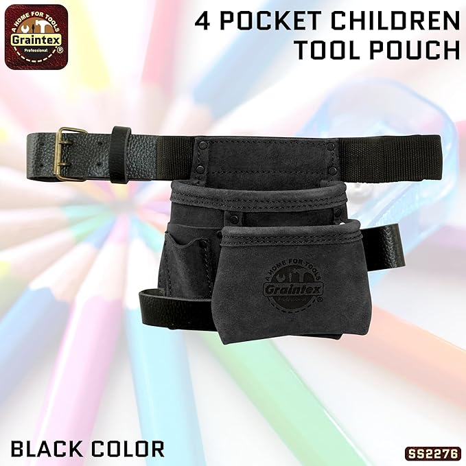 Graintex 4 Pocket Children Tool Pouch Suede Leather with Leather Belt and Hammer Loop