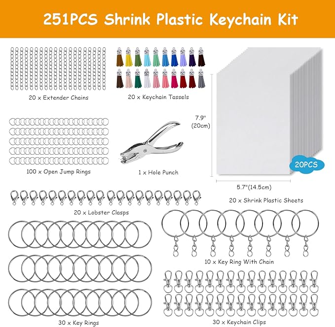 Csyidio 251 PCS Shrink Dink Keychain Kit Includes 20 Sheets Shrink Plastic - Image 2