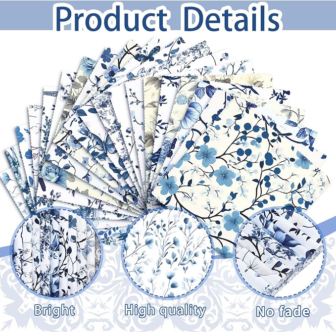 HunnmingRe 20 Pcs 10''x10'' Blue White Flower Quilting Fabric Square - Image 5