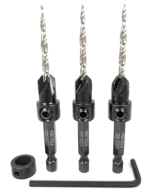 FTG USA Adjustable Wood Countersink Drill Bit Set 3 Pc #6 (9/64"") with Tapered Drill Bit for Woodworking