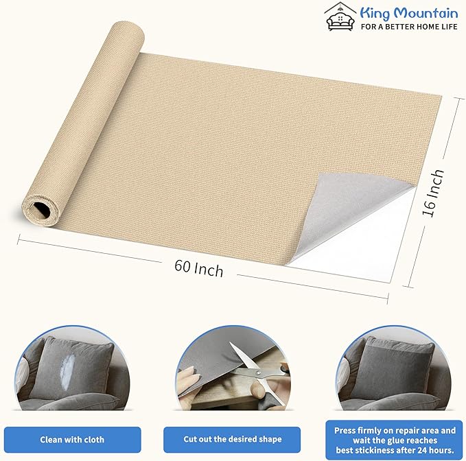 KING MOUNTAIN Canvas Repair Patch 16×60 Inch Self-Adhesive Waterproof Fabric Patch for Sofas, Tents, Furniture,Tote Bags, Car Seats (Khaki)