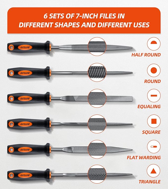 7'' Needle File Set - Carbon Steel 6-Piece With Handles, Hardened Alloy Strength Steel - Includes Flat, Flat Warding, Square, Triangular, Round, and Half-Round Files