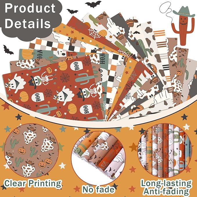 HunnmingRe 20 Pcs 10''x10'' Western Halloween Quilting Fabric Square Cowboy - Image 6