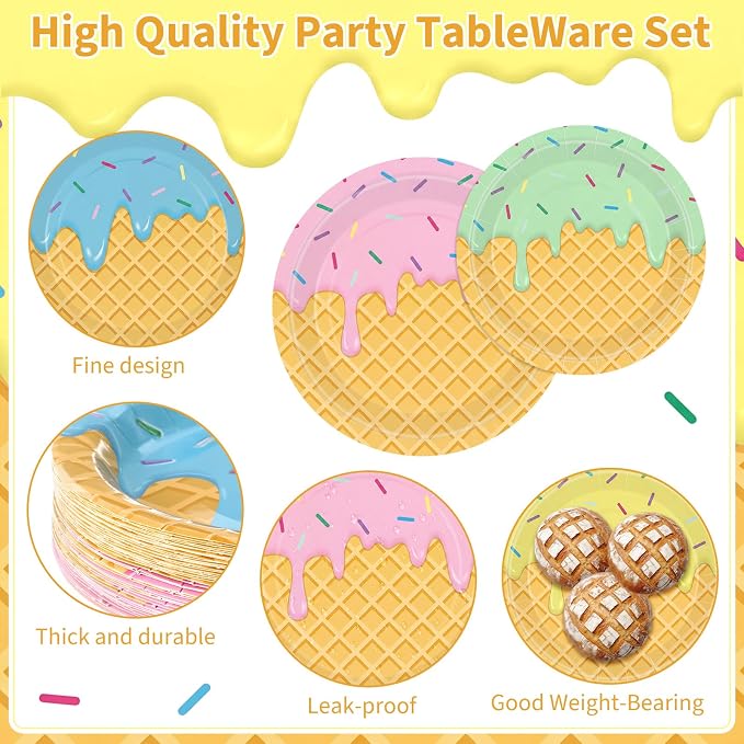 450 Pcs Ice Cream Tableware Set Decorations Summer Ice Cream Cone Paper Plates - Image 3