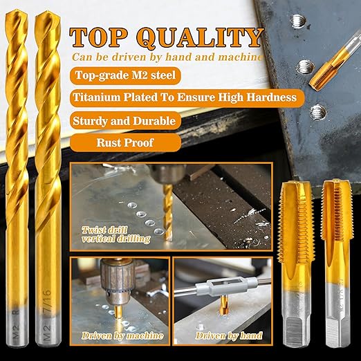 1/4-18 NPT Pipe Tap and 7/16" Drill Set,M2 HSS Hand Threading Plumbing Tap Set for Plumbers Mechanics DIY Thread Cutting Tools