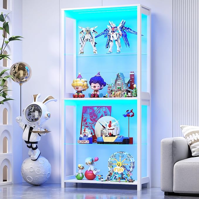 Display Cabinet with Glass Shelves, 4-Tier Display Shelf with LED Lights by AauroHome