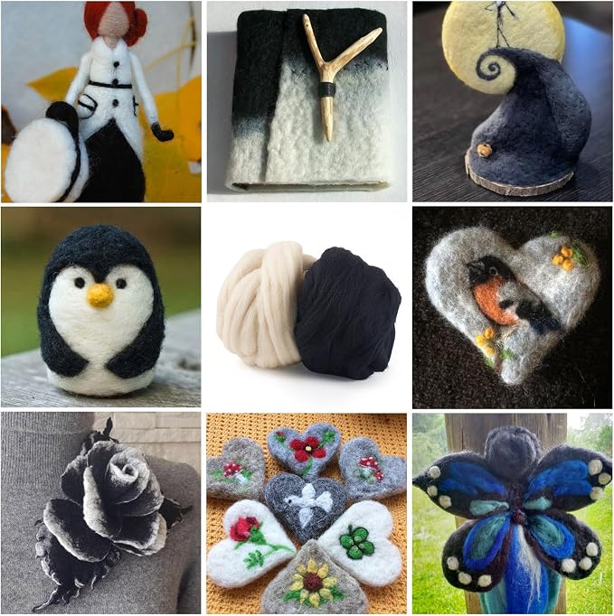 100G Black White Wool Roving for Needle Felting, Soft Chunky Wool Yarn - Image 6