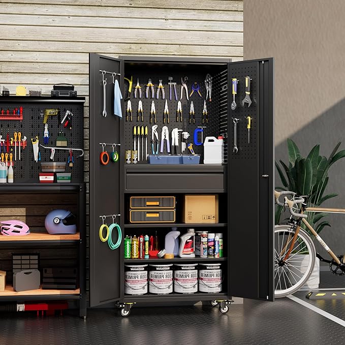 Metal Garage Storage Cabinet with Wheels and Doors,71" H Rolling Tool Cabinet with Pegboard and Drawer for Garage Warehouse Home,Required Assembly,Black
