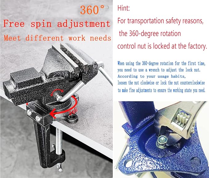 2-in-1 Dual-Purpose Combined Bench Vise or Table Vise, With end-point locking device, Portable Universal Rotate 360° Work Clamp-On Vise, 2.5" Blue