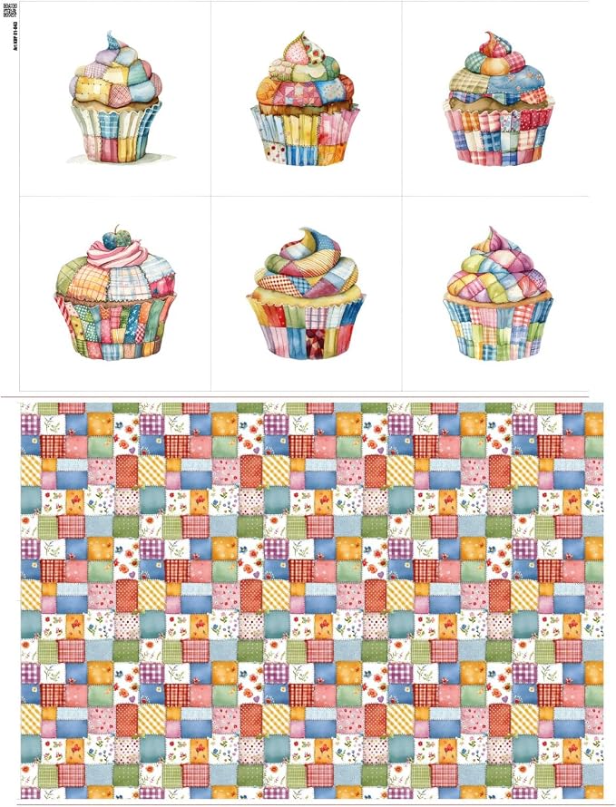 Patchwork Cupcake Fabric Panel – Single Continuous Cotton Satin Panel by FabricsTown