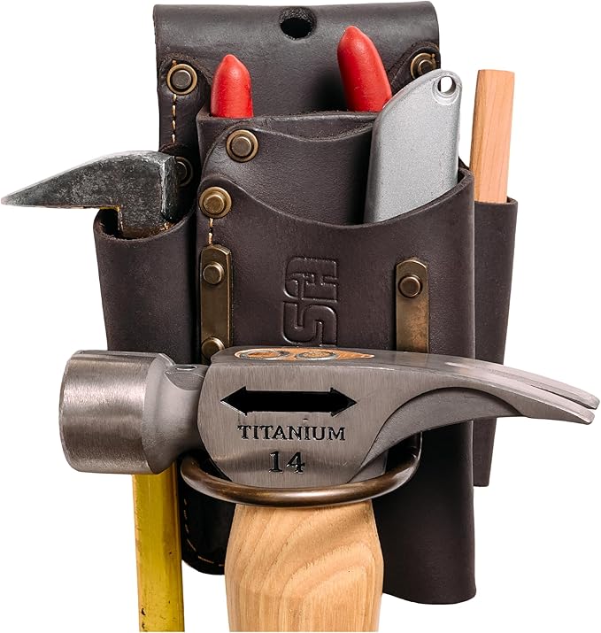 FESA Small Leather Tool Pouch - 5-in-1 Heavy Top Grain Leather Small Tool Pouch with a Steel Hammer Loop, 4 Pockets & Reinforced Heavy Duty Rivets - Fits Belts up to 3" - Handcrafted