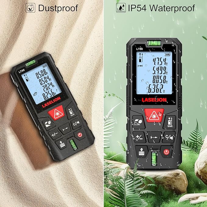 LT50 Laser Distance Meter – 50m (165ft) Range, High Accuracy, Multiple Measurement Modes, Built-in Level Bubble, and Mute Function Handle Laser Distance Measurement Tool
