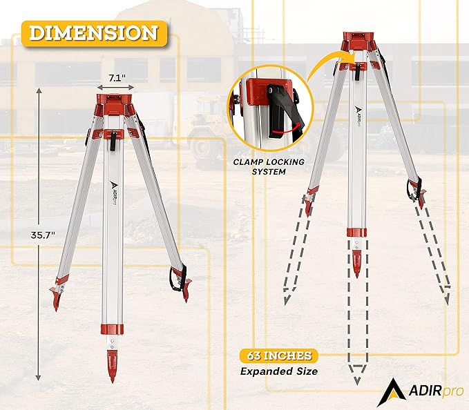 AdirPro Universal Survey Tripod – Laser Level Tripod – Transit Level Tripod - Quick Clamp - Heavy Duty Contractor Tripod 5/8” x 11” Thread (Orange Aluminum)