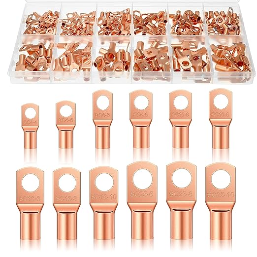 Ferraycle 200 Pieces Copper Battery Wire Lugs 12 Sizes Battery Cable Ends Eyelets Tubular Ring Terminal Connectors for Automotive Supplies