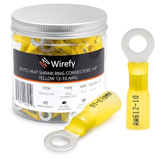 Wirefy 90 PCS Heat Shrink Ring Terminals 1/4" - a Resistant Ring Connectors - Eyelet Wire Connectors - Yellow 10-12 AWG
