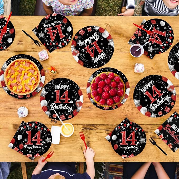 96Pcs Red and Black Party Decorations Happy 14th Birthday Plates and Napkins - Image 8