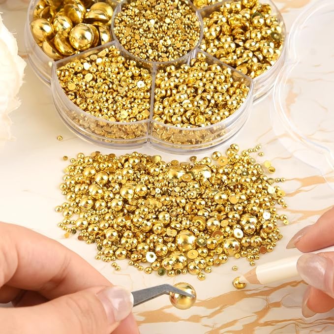 NACHLYNN 6480 Pcs Flat Back Pearl 7 Sizes Half Round Beads Gold - Image 4