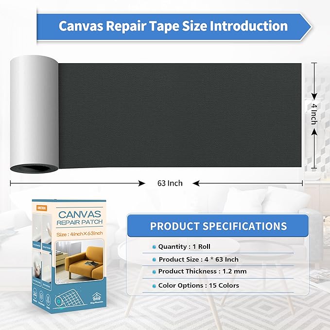 KING MOUNTAIN Canvas Repair Tape,Outdoor Gear Patch, 4×63 Inches,Waterproof,Self-Adhesive for Repairing Boat Covers,Sun Shades,Sofas,Tents,Lounge Chairs,Awnings (Dark Grey)