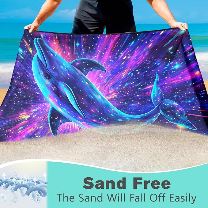 Fantasy Dolphin Beach Towel Oversized 36" x 72", Thin Lightweight Sand Free Quick Dry Microfiber Towel for Swimming Pool Cruise Camping Travel