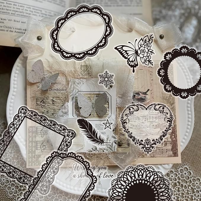 130 Pcs Vintage Black White Lace Scrapbook Stickers by JUNKJWBZ%7CPeelStickInspir