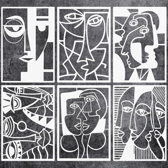 6 Pieces Abstract Face Pattern Stencils, 11.7x8.3 inch A4 Size Reusable Picasso by CZONG
