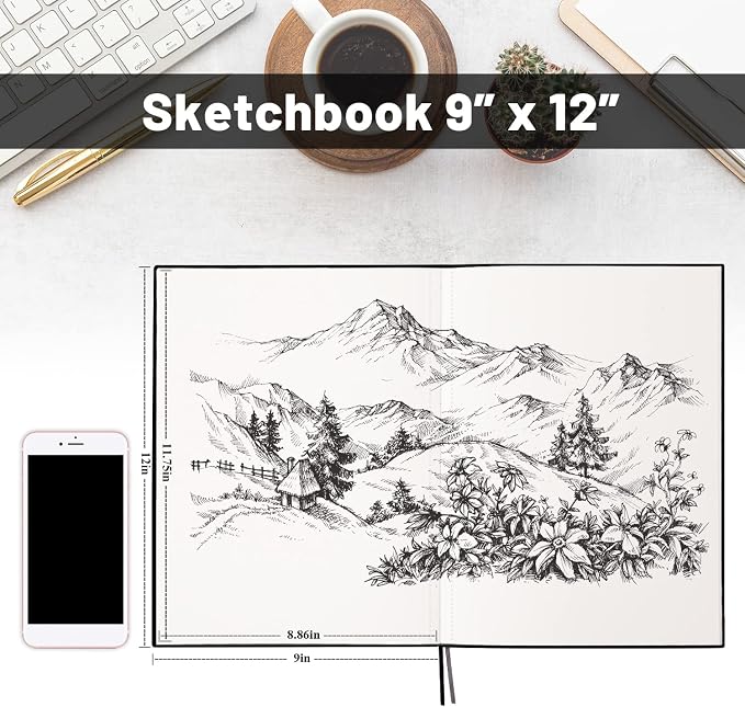 Hardcover Sketch Book 9" x 12", Sketchbook Drawing Pads, 160GSM Thick Smooth - Image 3