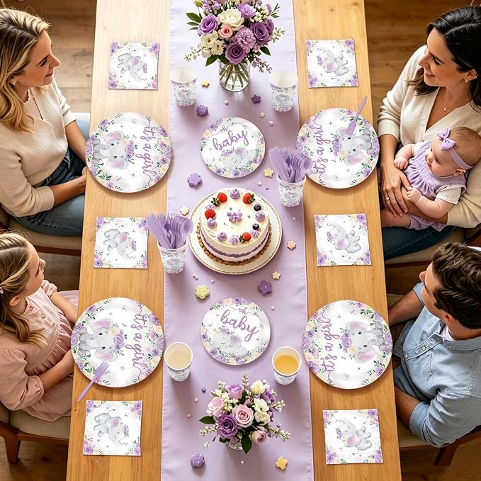 168 Pcs Purple Elephant Baby Shower Decorations It's A Girl Disposable Plates - Image 6