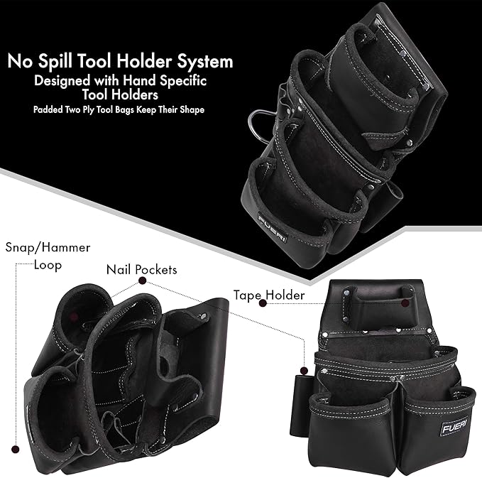 Heavy Duty 19 Pocket Leather Tool Belt Multipurpose Pockets Work Organizer Pouch Framing Fat Lip Tool Holder for Carpenter, Construction, Handyman, and Electrician Tool Belt Set