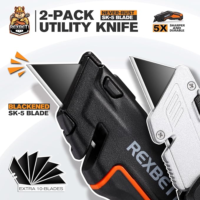 REXBETI 2-Pack Utility Knife, SK5 Heavy Duty Retractable Box Cutter for Cartons, Cardboard and Boxes, Blade Storage Design, Extra 10 Blades Included（Total 18 Blades）