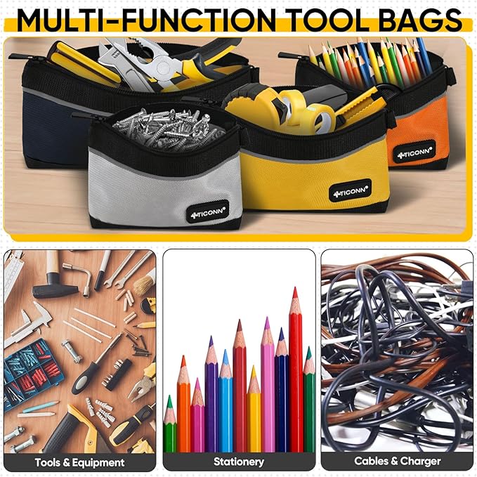 TICONN Tool Pouches with Zipper, 1680D Oxford Small Tool Bags, Waterproof Utility Bag Zipper Pouch for Tool Organizers and Storage (3 Pack Medium)