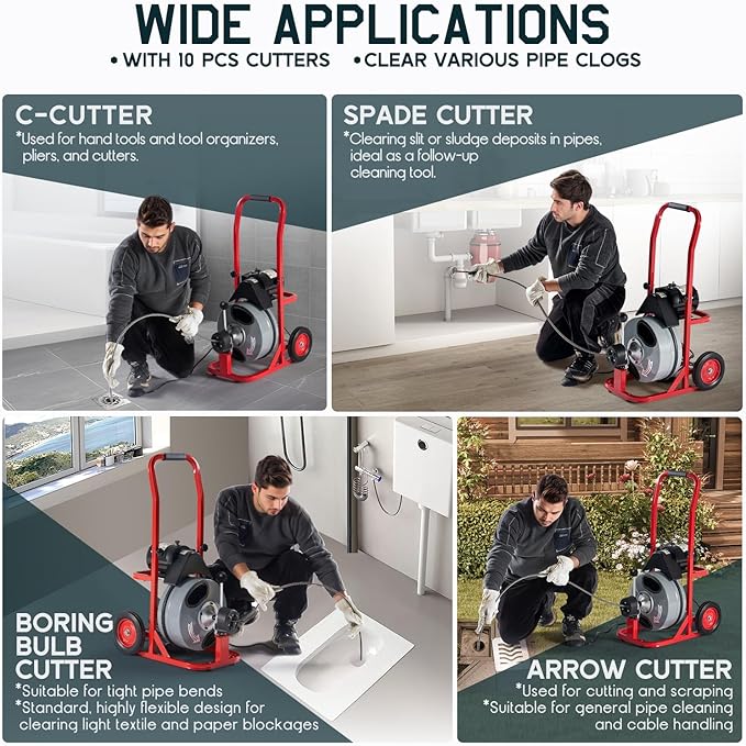 Albott 100 FT x 1/2 inch Electric Drain Cleaner Machine with Auto-Feed & 10 Cutters, Sewer Snake Auger for 1–4 Inch Pipes, Foot Switch & Wheels, Ideal for Home & Commercial Use, Gray/Red