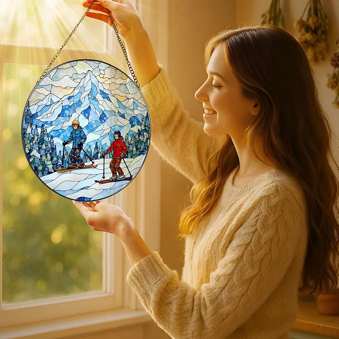 8'' Snowy Mountain Skiers Sun Catcher Ornament, Stained Glass Window Hanging - Image 2
