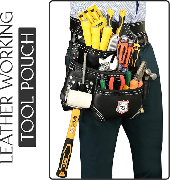 Leather Tool Belt 8 Pockets Leather Tool Pouch | Carpenters Tool Belts For Men Construction Tools Apron Tool Bag Organizer Utility Pouches (Black, Standard)