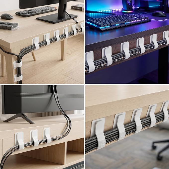 Cable Management Under Desk, 60 Pair Cord Organizer Straps | Reusable hook and - Image 6