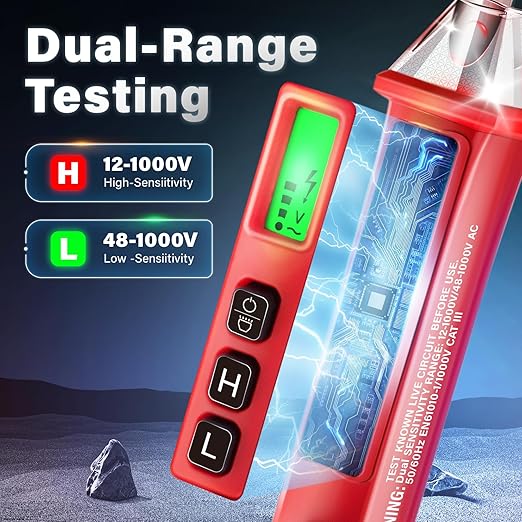 DIYSELF Voltage Tester, Dual Range 12V/48V-1000V AC, Non Contact Electrical Tester Pen with LCD Display, Buzzer Alarm, Flashlight, Live Wire Finder, Professional Circuit Detector