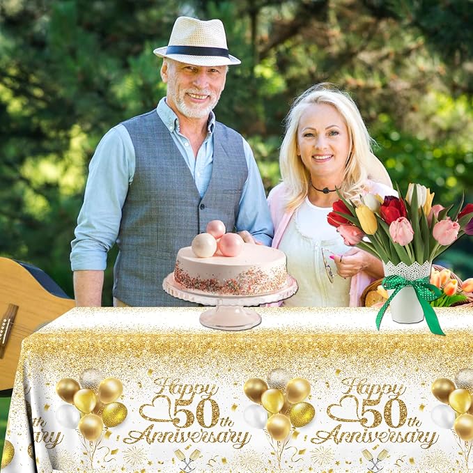 Happy 50th Anniversary Table Cloth, 50 Year Anniversary Decorations 3Pcs White - Image 4