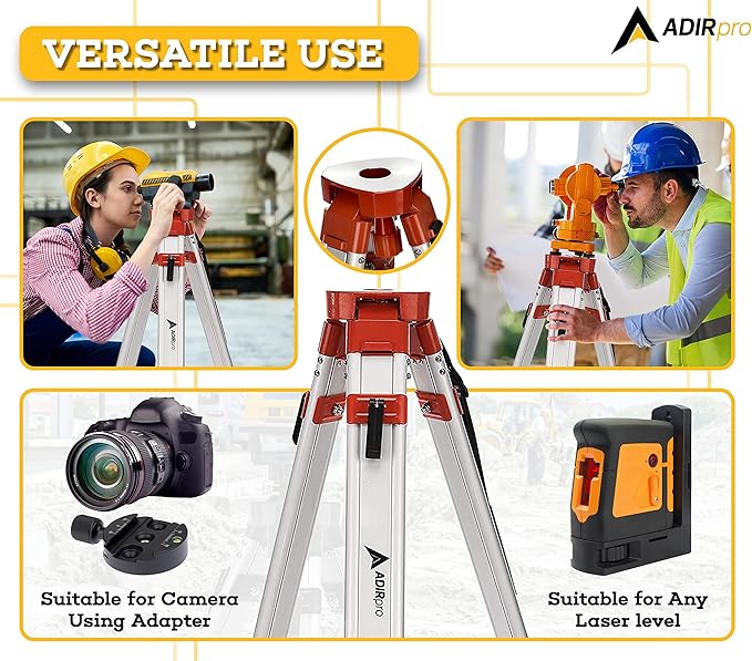 AdirPro Universal Survey Tripod – Laser Level Tripod – Transit Level Tripod - Quick Clamp - Heavy Duty Contractor Tripod 5/8” x 11” Thread (Orange Aluminum)