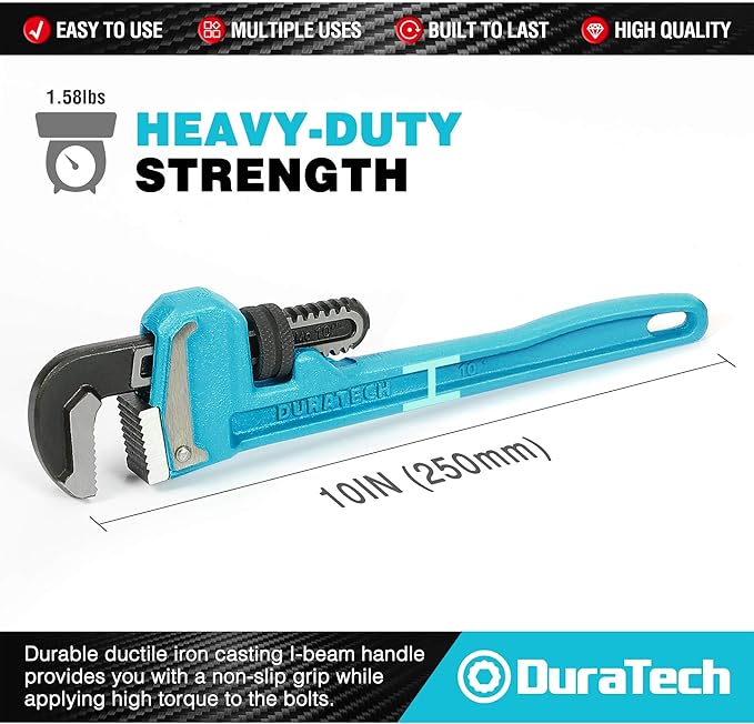 DURATECH 10-Inch Heavy Duty Pipe Wrench, Adjustable Plumbing Wrench, Malleable Cast Iron Handle, Exceed GGG standard