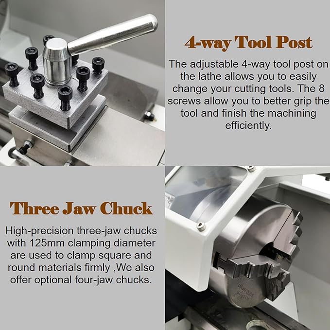 Metal Bench Lathe Machine 8 * 16 Inch Switch Imperial and Metric Scale Automatically for Milling Drilling Metal Working with Adjustable Speed 3-Jaw Chuck Emergency Stop Switch 1100W