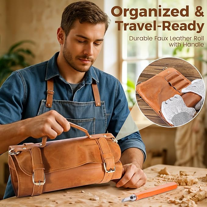 18PCS Wood Carving Kit for Beginners & Enthusiasts – Whittling Knife Set with Toll Roll Tote, Safety Gloves, Sharpening Stone, Leather Strop – Wood Carving Tools Set