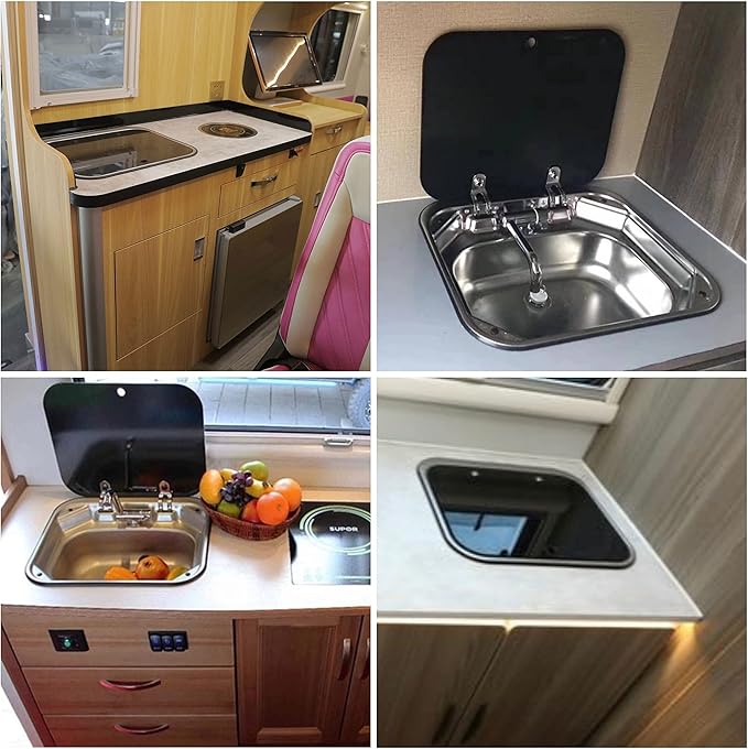 Cafe Bar Kitchen RV Sink with Folding Faucet A and Lid, Stainless Steel Single Bowl Hand Wash Basin Drop In Sink with Cover for Bar Caravan Van RV Camper Motor Home Trailer Accessories