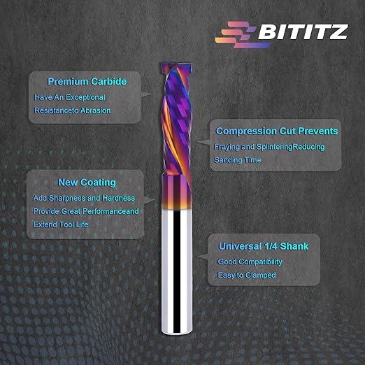 2PCS Up & Down Cut Spiral Router Bit 1/4 Inch Shank 1/4 Inch Cutting Diameter 1/10 inch Cutting Length with Extra Long Life Coating CNC Router Bits End Mill for Wood Cutting, Slot Mortise, Engraving
