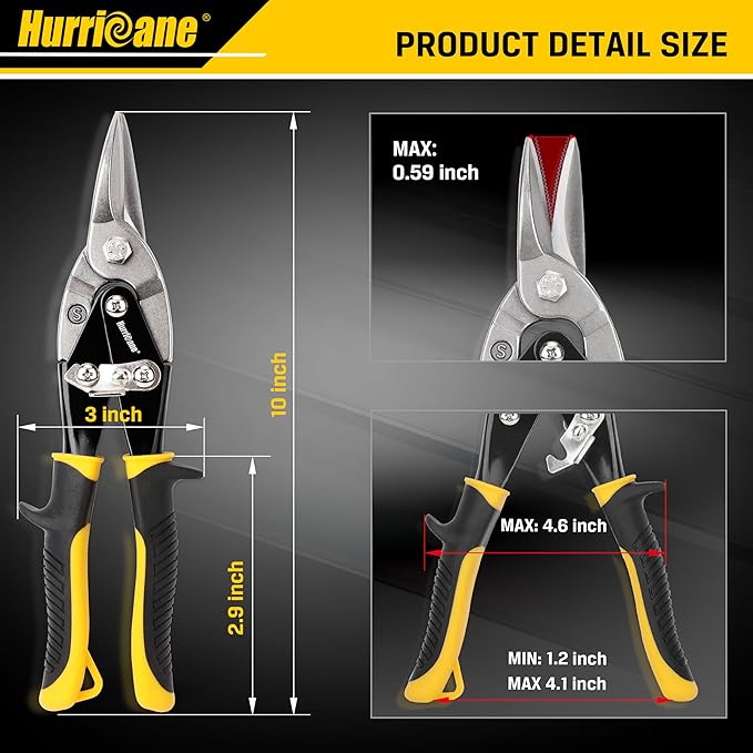 HURRICANE 10 Inch Aviation Tin Snips, Heavy Duty Metal Cutter Shears for Cutting Sheet Metal, Straight Cut, Chrome Vanadium Steel